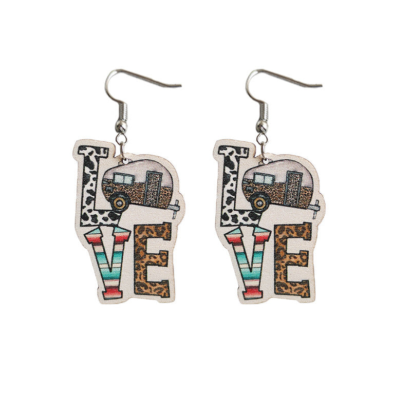 Wholesale Love Cow Print Leopard Print Campfire RV Camping Wooden Earrings